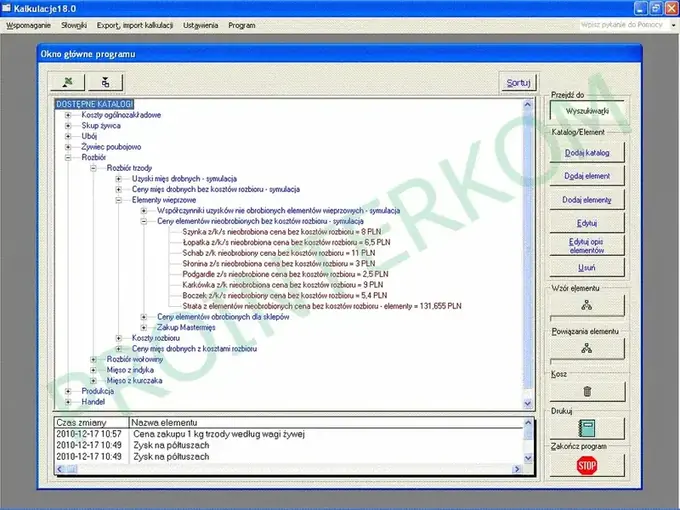 Główne okno programu i drzewo kalkulacji